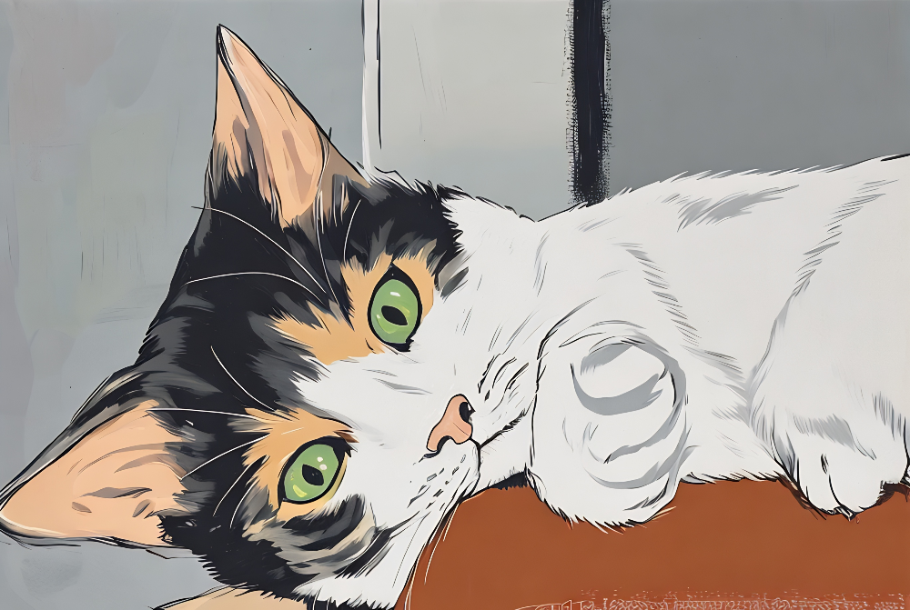 Huisdier Portret. Kunstwerk van een Kat liggend op een kast.