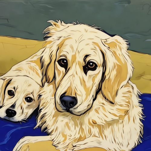 Kunstwerk van een Hond met pup.