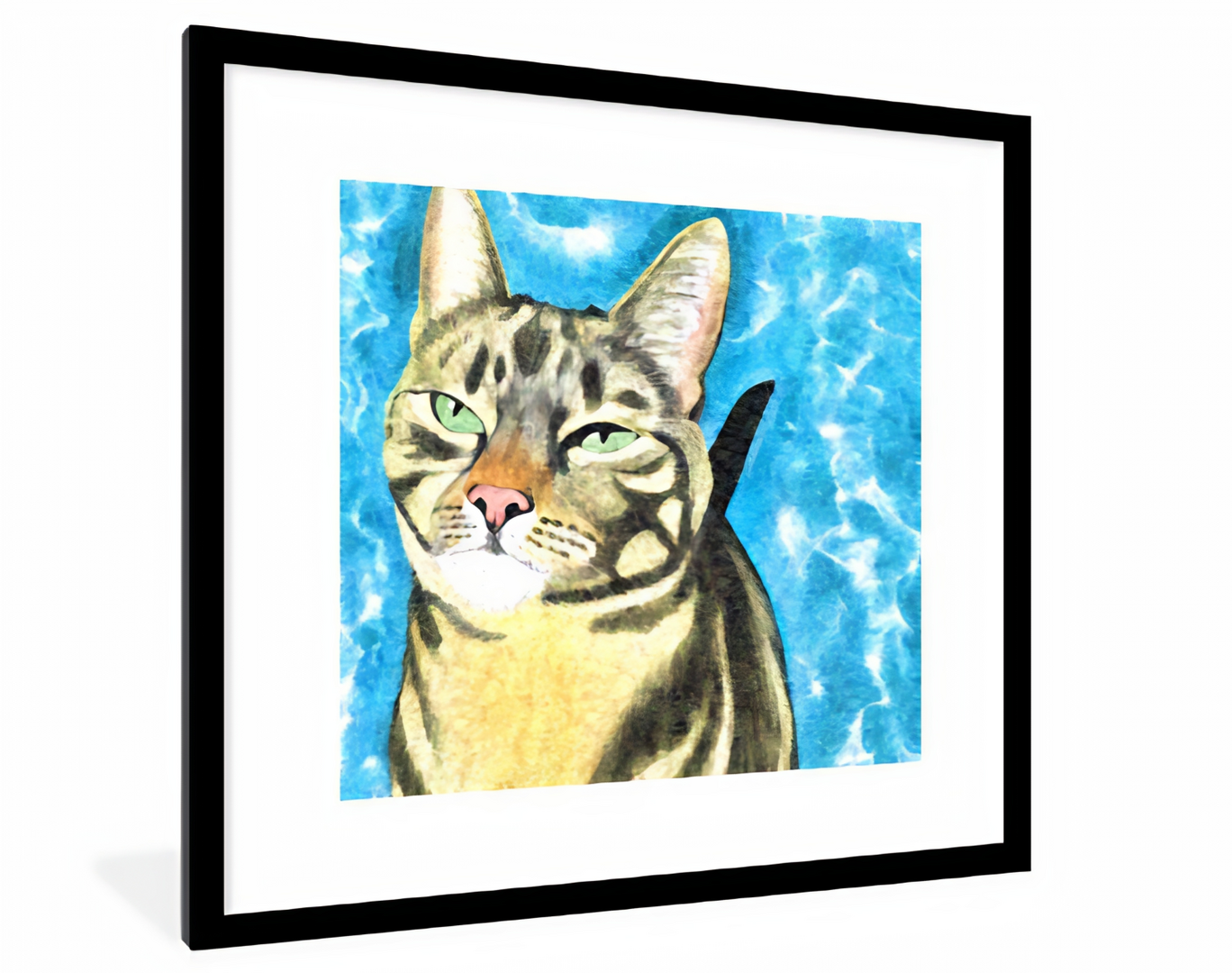 Voorbeeld tekening van een kat.Posterpapier.In zwarte lijst met witte passe-partout. Vierkant.