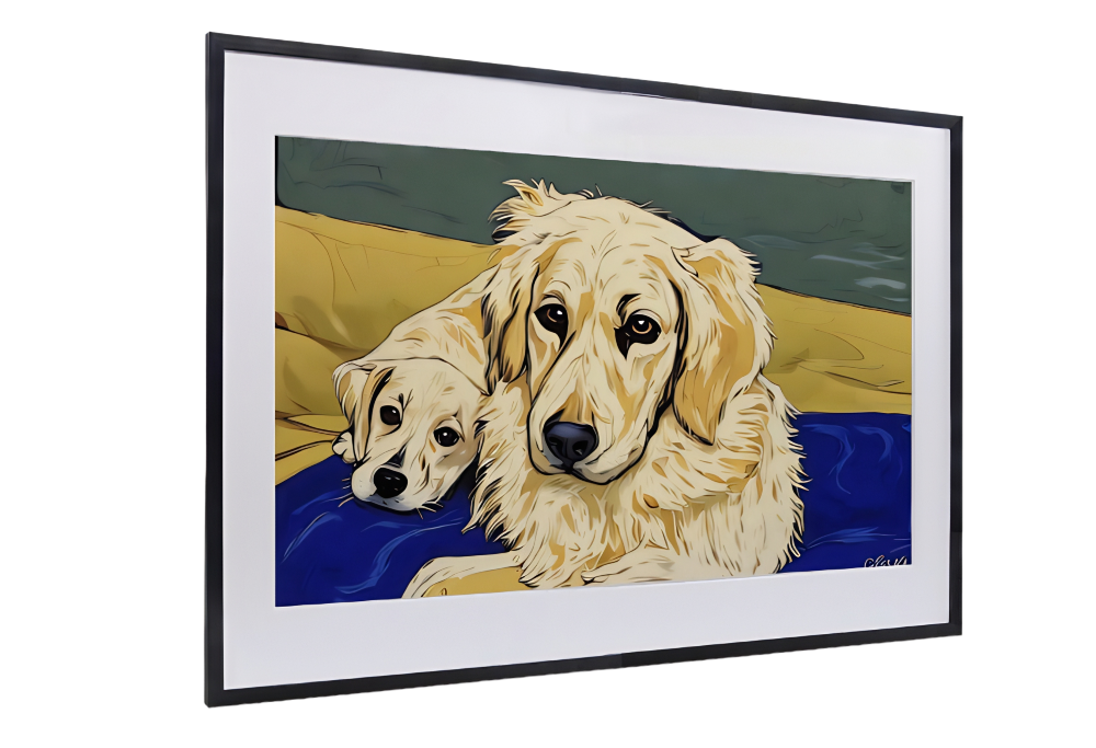 Voorbeeld van een kunstwerk van 2 honden in zwarte lijst.