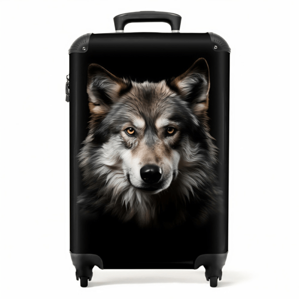 Reiskoffer Wolf op zwarte achtergrond.