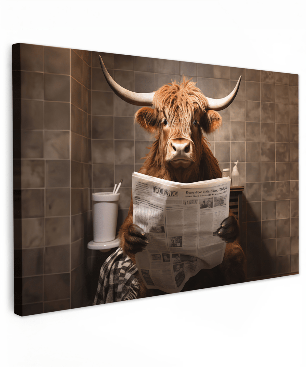 Canvas Schotse Hooglander op toilet.