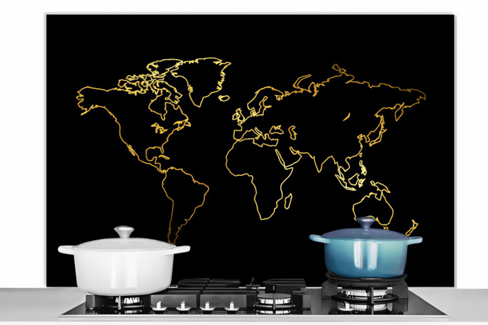 spatscherm wereldkaart goud op zwarte achtergrond.