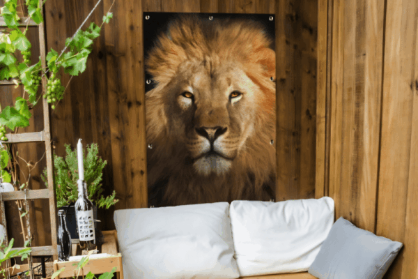 Tuinposter Leeuw op zwarte achtergrond