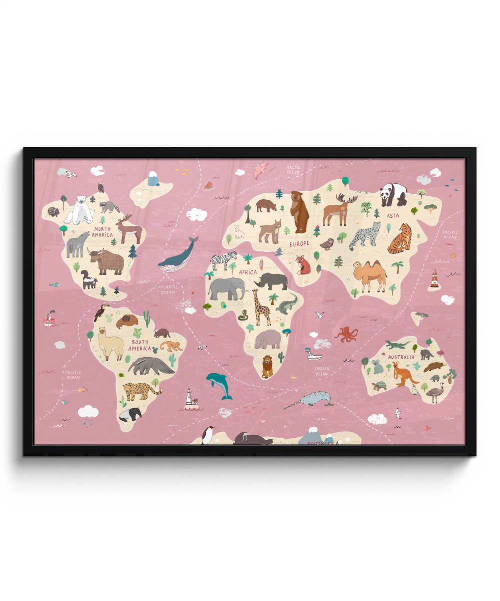 Wereldkaart Roze met wilde dieren.Kinderkamer.Meisje