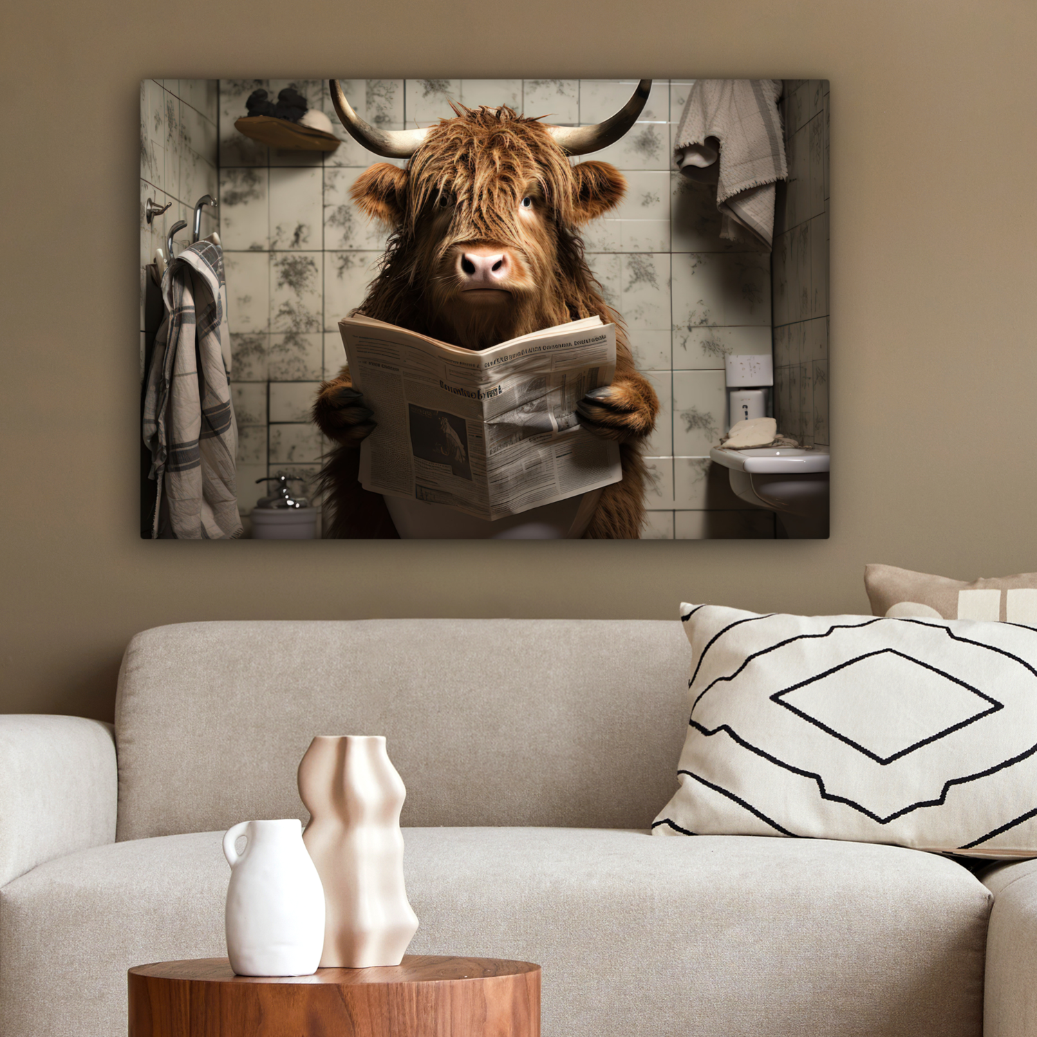 Canvas Schotse Hooglander Toilet Krant Badkamer