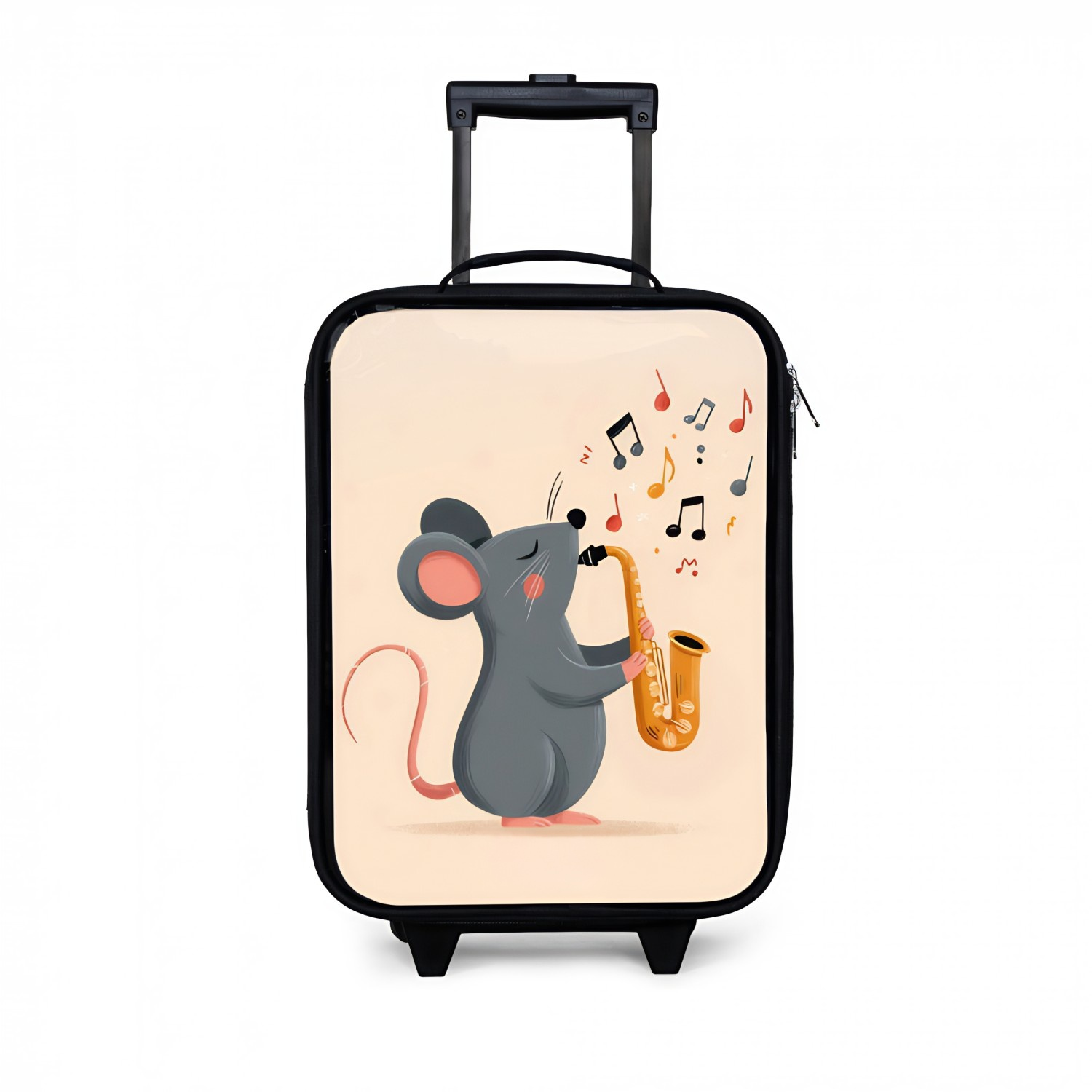 Grijze muis met saxofoon koffer