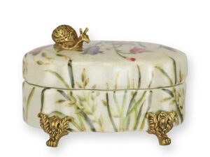Porselienen juwelendoosje slak met messing en botanisch decor
